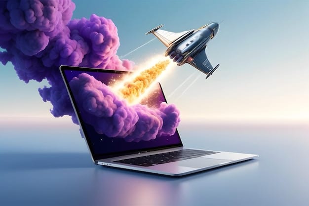 Creative laptop with launching spaceship on light blue background Start up and innovation concept 3D Rendering